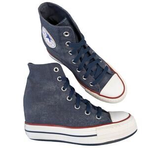 Converse 2014 Platform Plus High Top Hidden Wedge Blue Sparkle Sneaker Womens 7